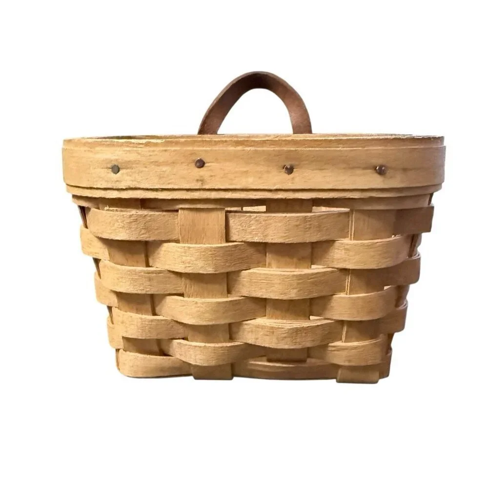 Longaberger Small Hanging Wall Basket w/Leather Strap & Sawtooth Hanger